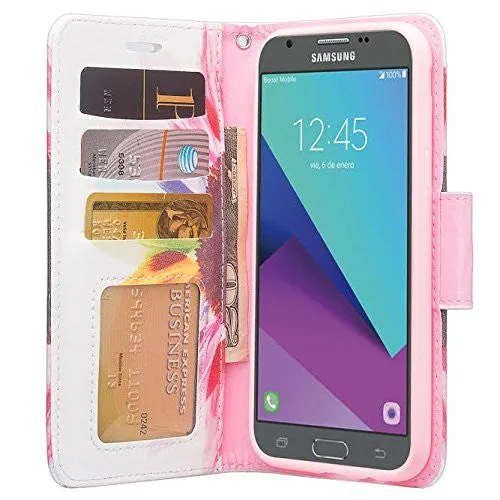 Galaxy J3 Emerge Case, Wrist Strap Magnetic Fold[Kickstand] Pu Leather Wallet Case with ID & Credit Card Slots for Samsung Galaxy J3 Emerge - Vivid Sunflower