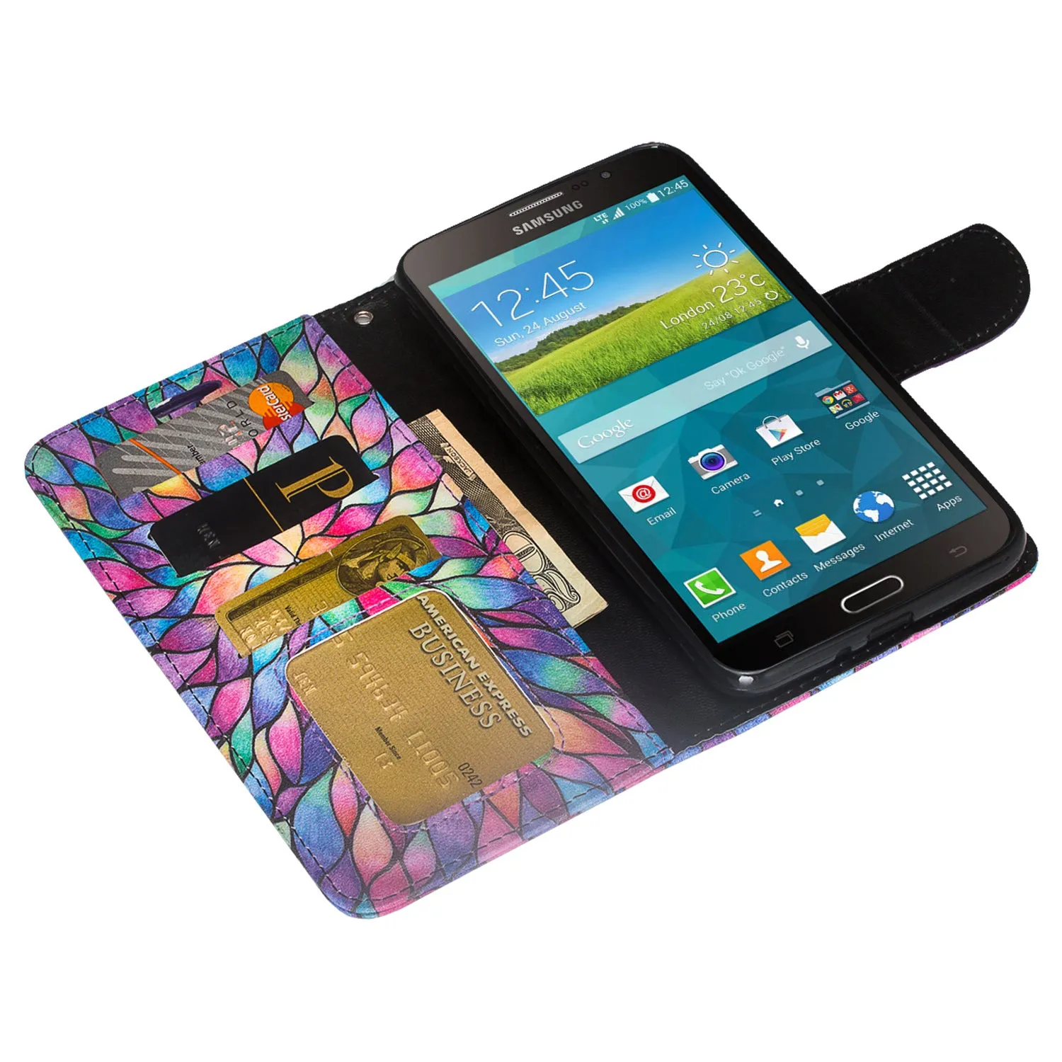 Galaxy Mega 2 Case, Wrist Strap Magnetic Fold[Kickstand] Pu Leather Wallet Case with ID & Credit Card Slots for Samsung Galaxy Mega 2 - Rainbow Flower