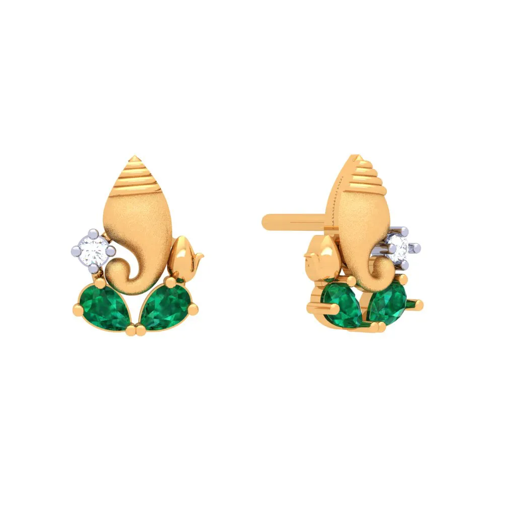 Ganesha Themed 14k Gold Earrings With Teardrop Stones And Stud