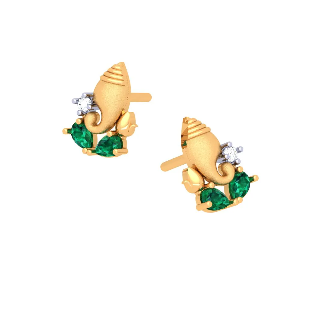 Ganesha Themed 14k Gold Earrings With Teardrop Stones And Stud