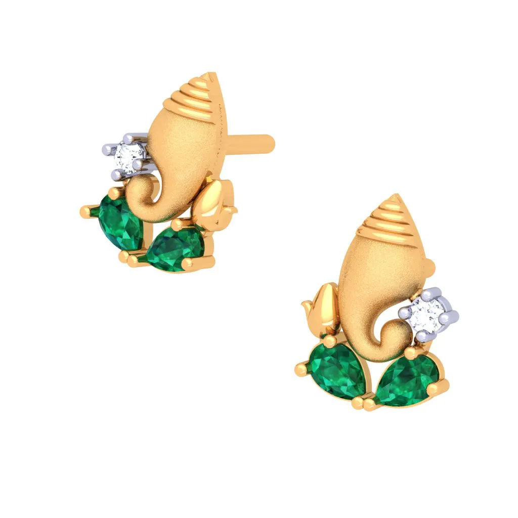 Ganesha Themed 14k Gold Earrings With Teardrop Stones And Stud