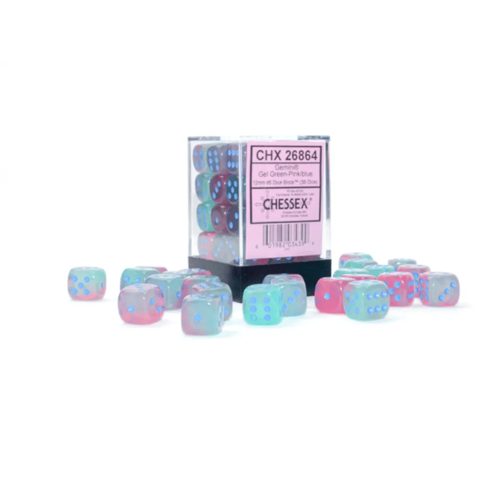 Gemini 12mm d6 Gel Green-Pink/blue Luminary Dice Block (36 dice)