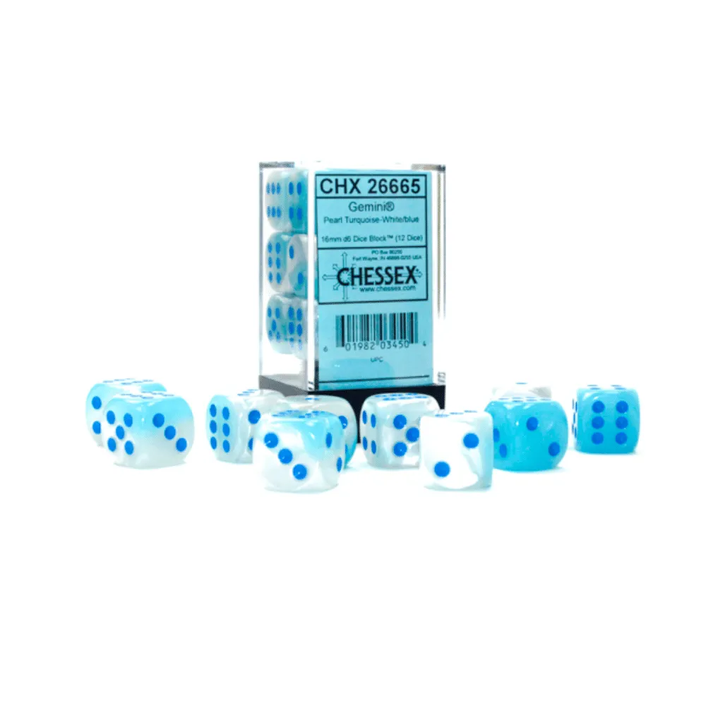 Gemini 16mm d6 Pearl Turquoise-White/blue Luminary Dice Block (12 dice)