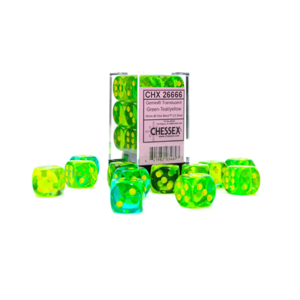 Gemini 16mm d6 Translucent Green-Teal/yellow Dice Block (12 dice)