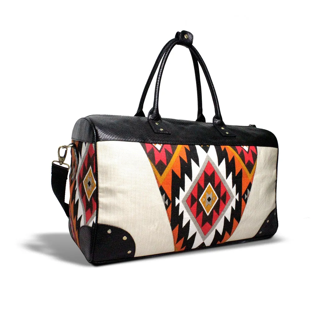 Geometric Print Black Leather Duffle Bag