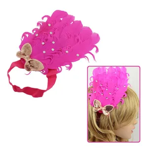 Girls Hotpink Feather with Sequined Bow & Rhinestones Stretch Hairband