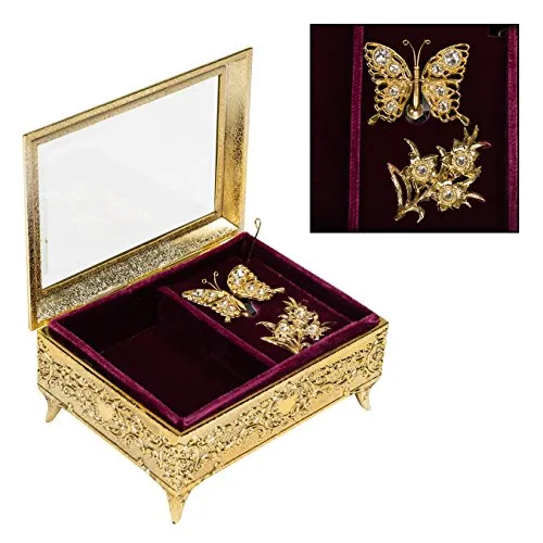 Gold Brass Tone Filigree Butterfly Movement Metal Music Box Plays Clair De Lune