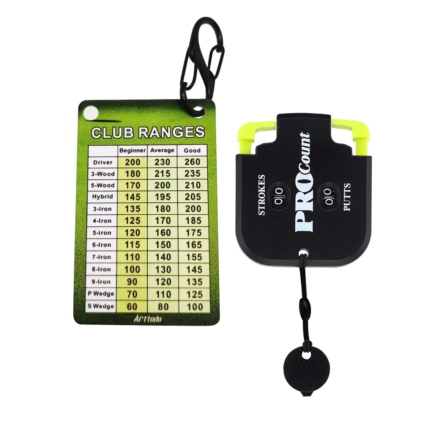 Golf Club Range Chart Card & Golf Score Shot Stroke Counter Clicker Kit