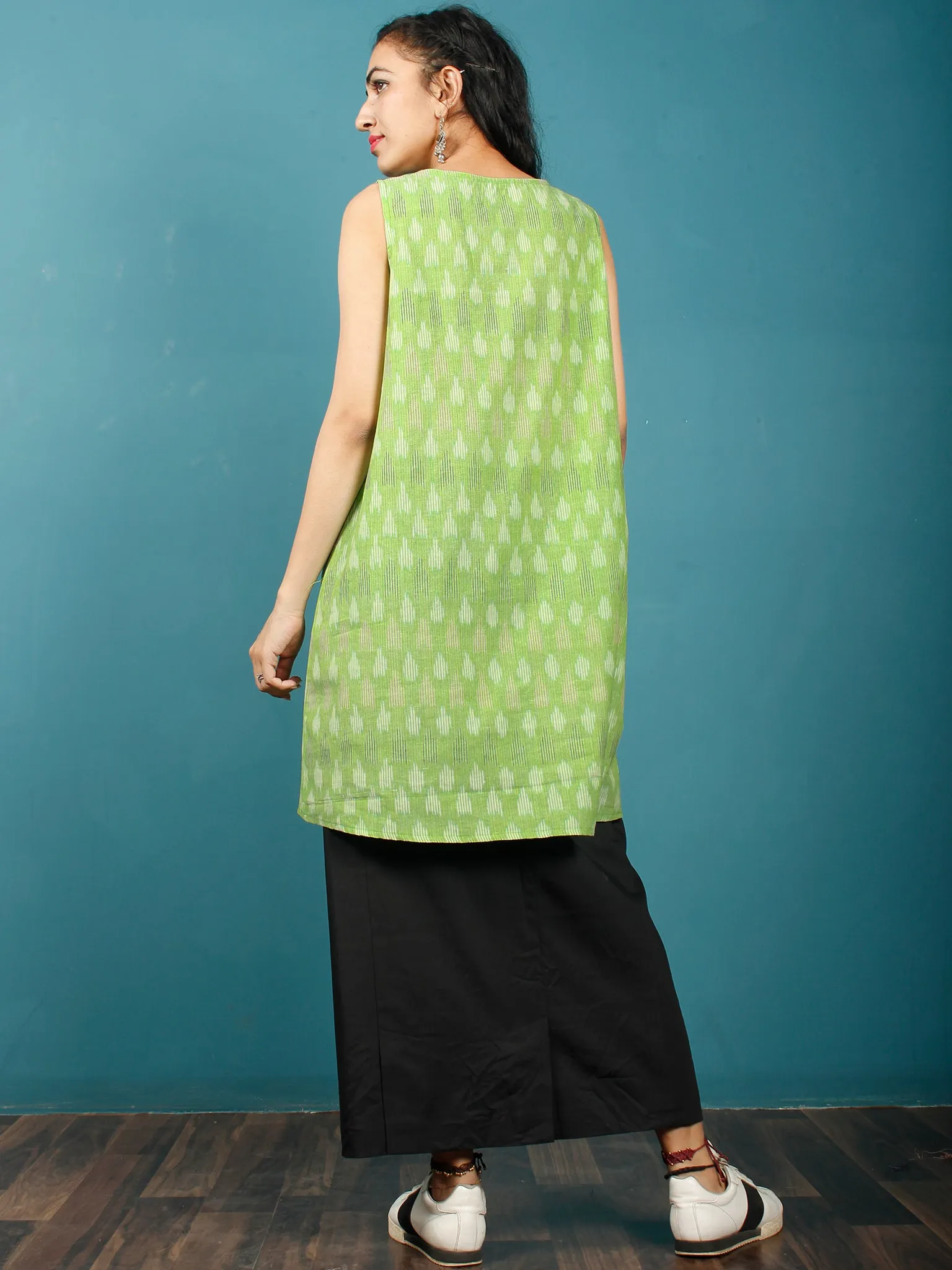 Green White Maroon Hand Woven Ikat Cotton Tunic With Pintuck  - Tun07F1230