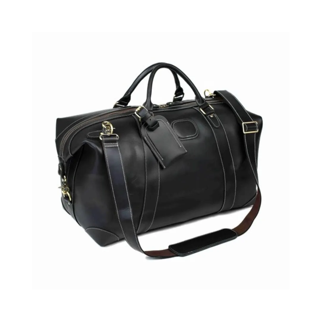 Handmade Vintage Full Grain Leather Travel Duffle Bag - Black