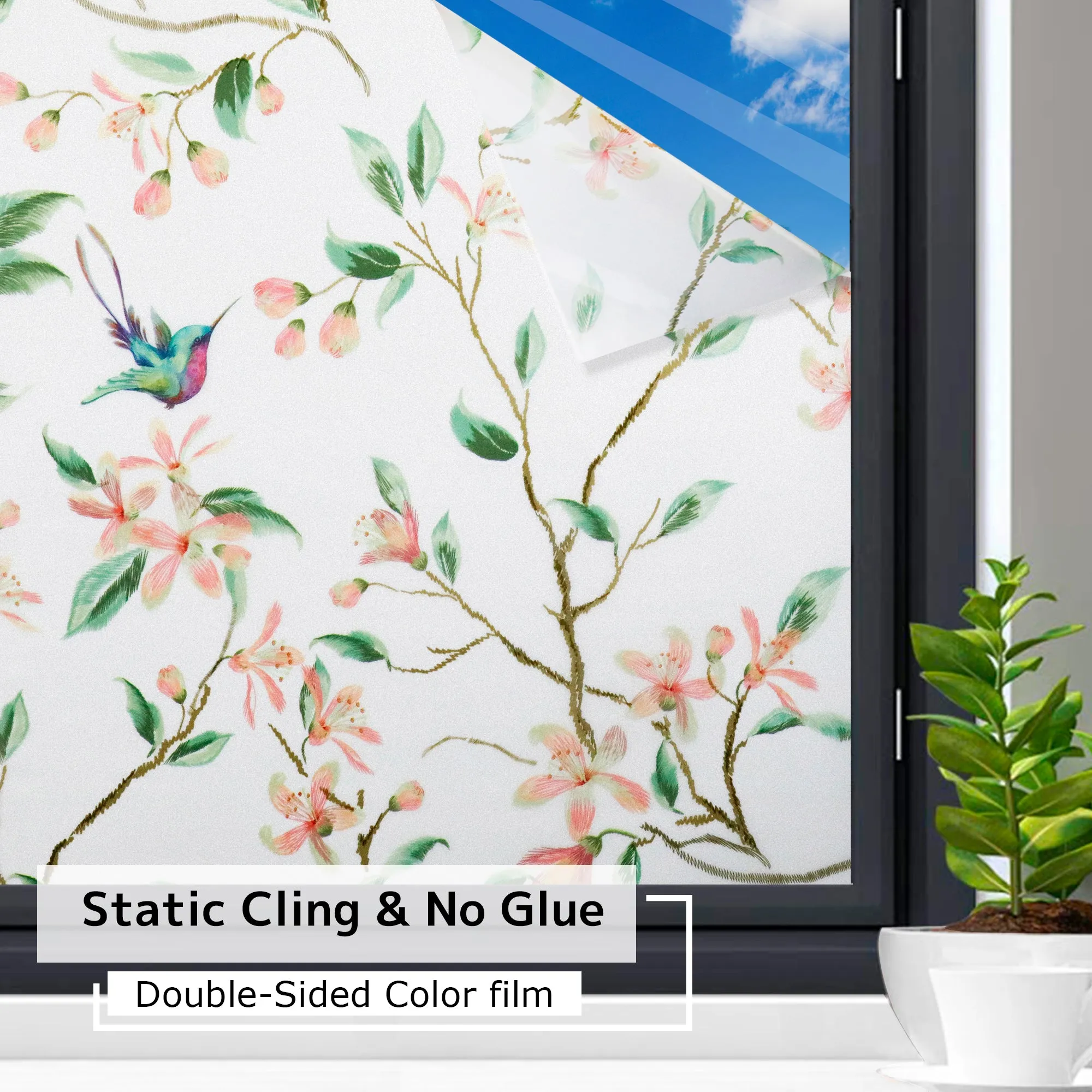 Hummingbirds Floral Art Static Cling Window Film