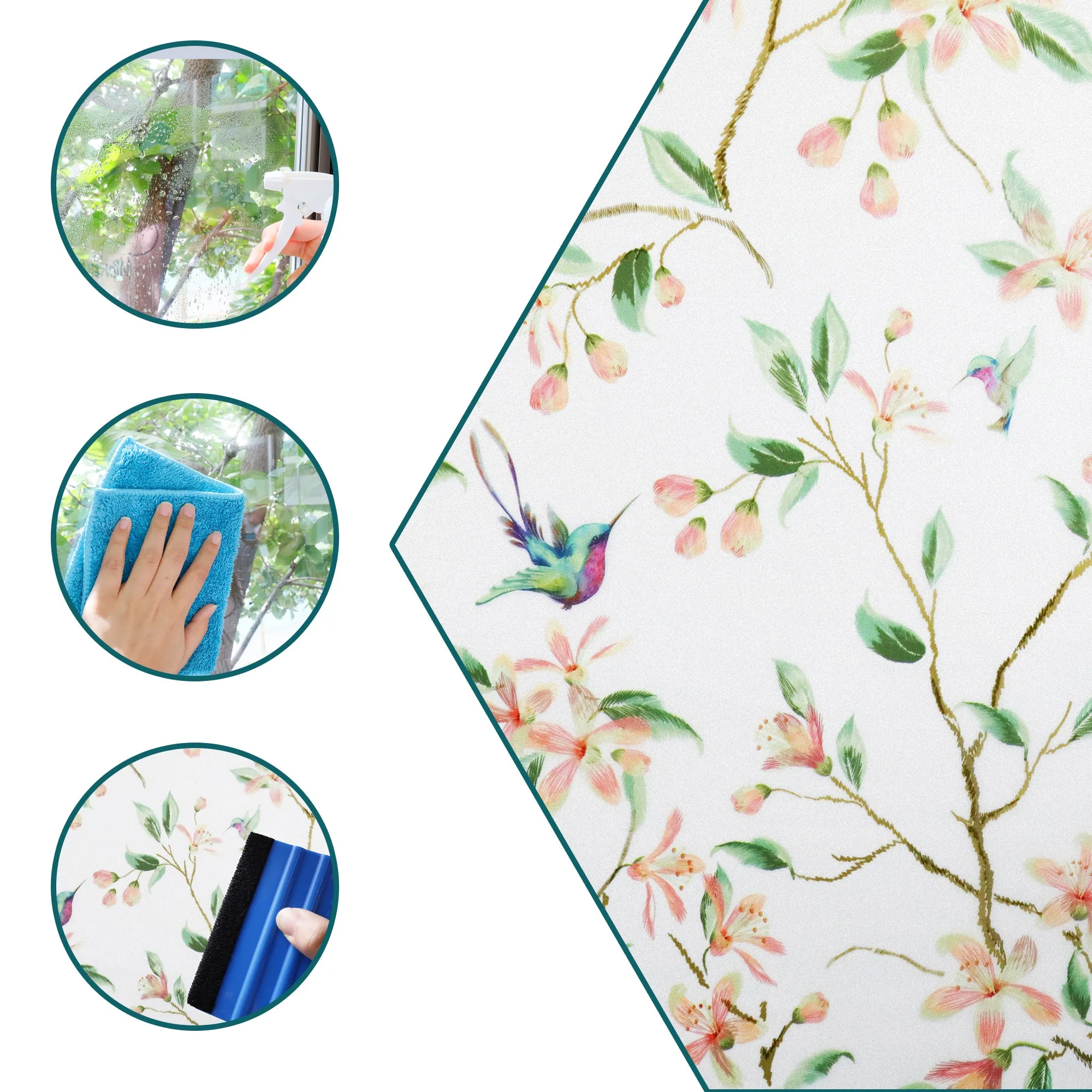 Hummingbirds Floral Art Static Cling Window Film