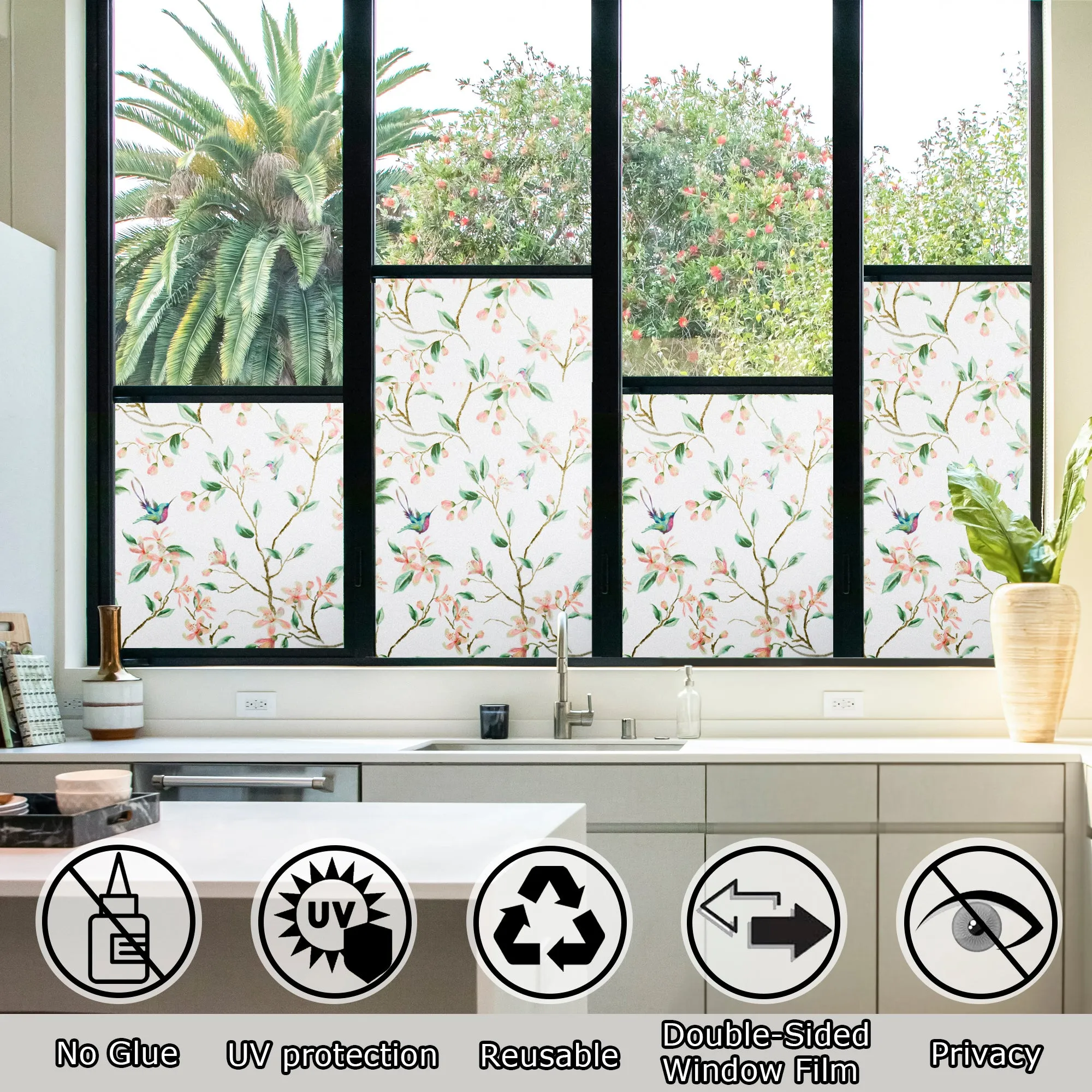 Hummingbirds Floral Art Static Cling Window Film