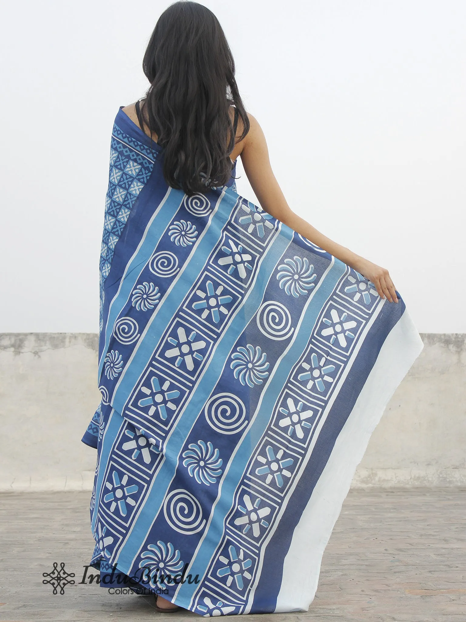 Indigo Blue White Hand Block Printed Cotton Saree In Natural Colors - S031702387