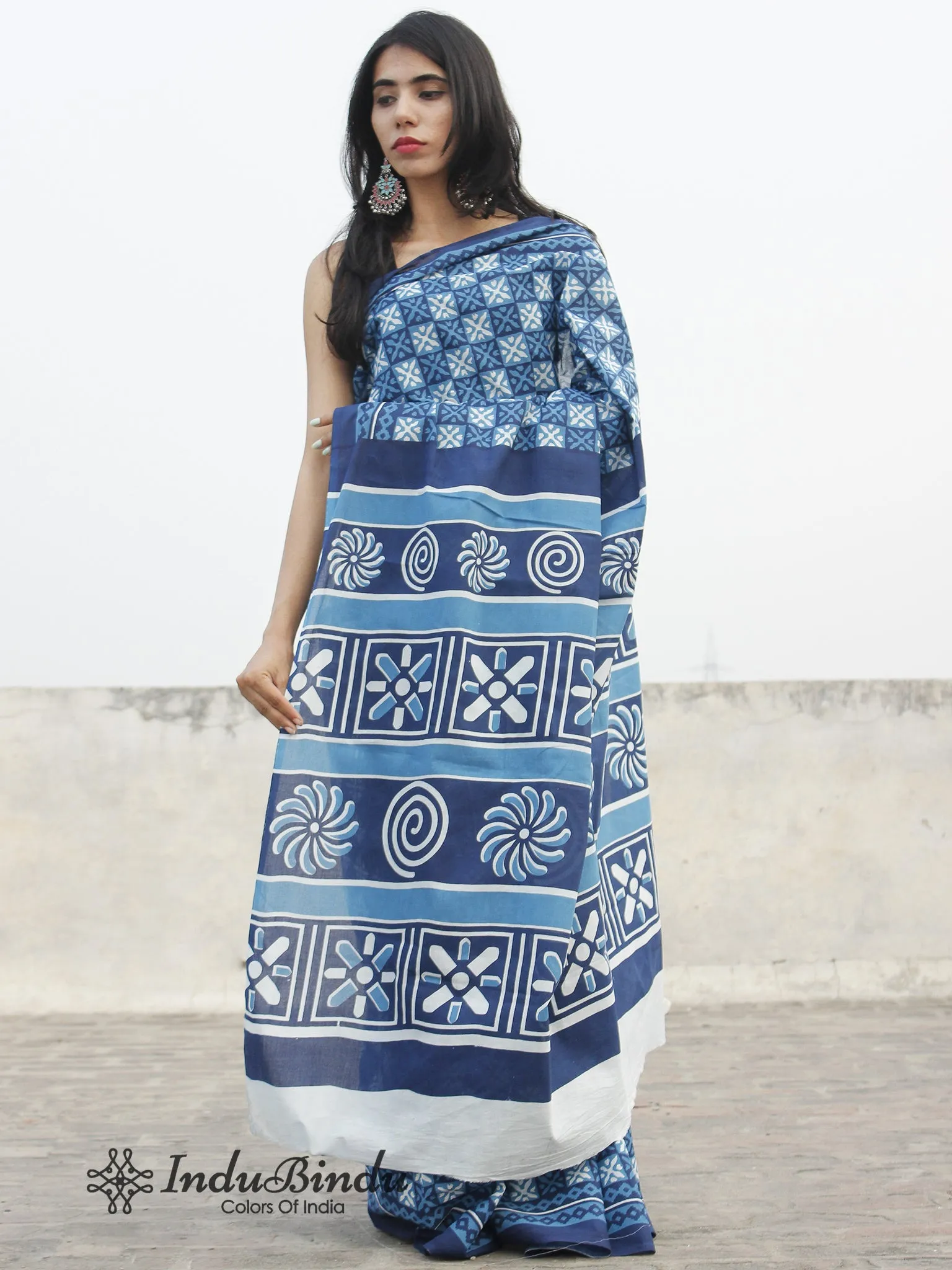 Indigo Blue White Hand Block Printed Cotton Saree In Natural Colors - S031702387