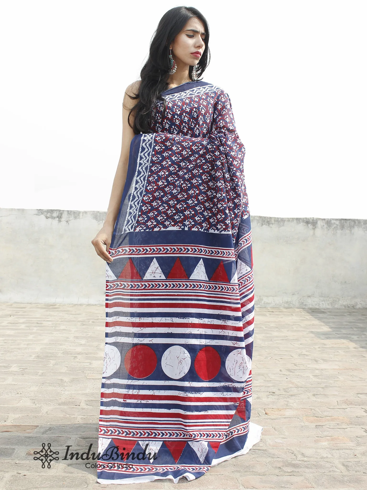 Indigo White Red Hand Block Printed Cotton Saree In Natural Colors - S031702376