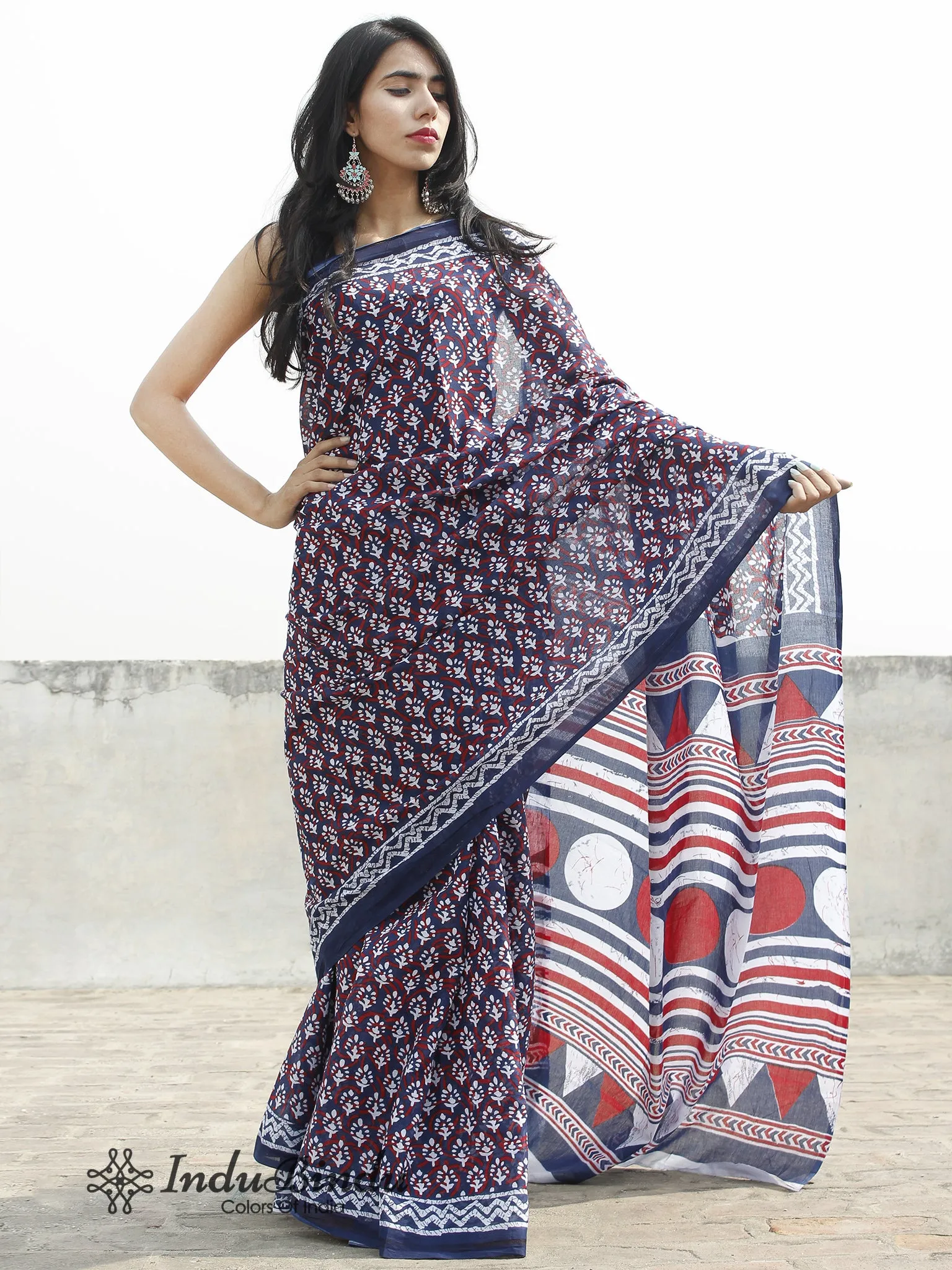 Indigo White Red Hand Block Printed Cotton Saree In Natural Colors - S031702376