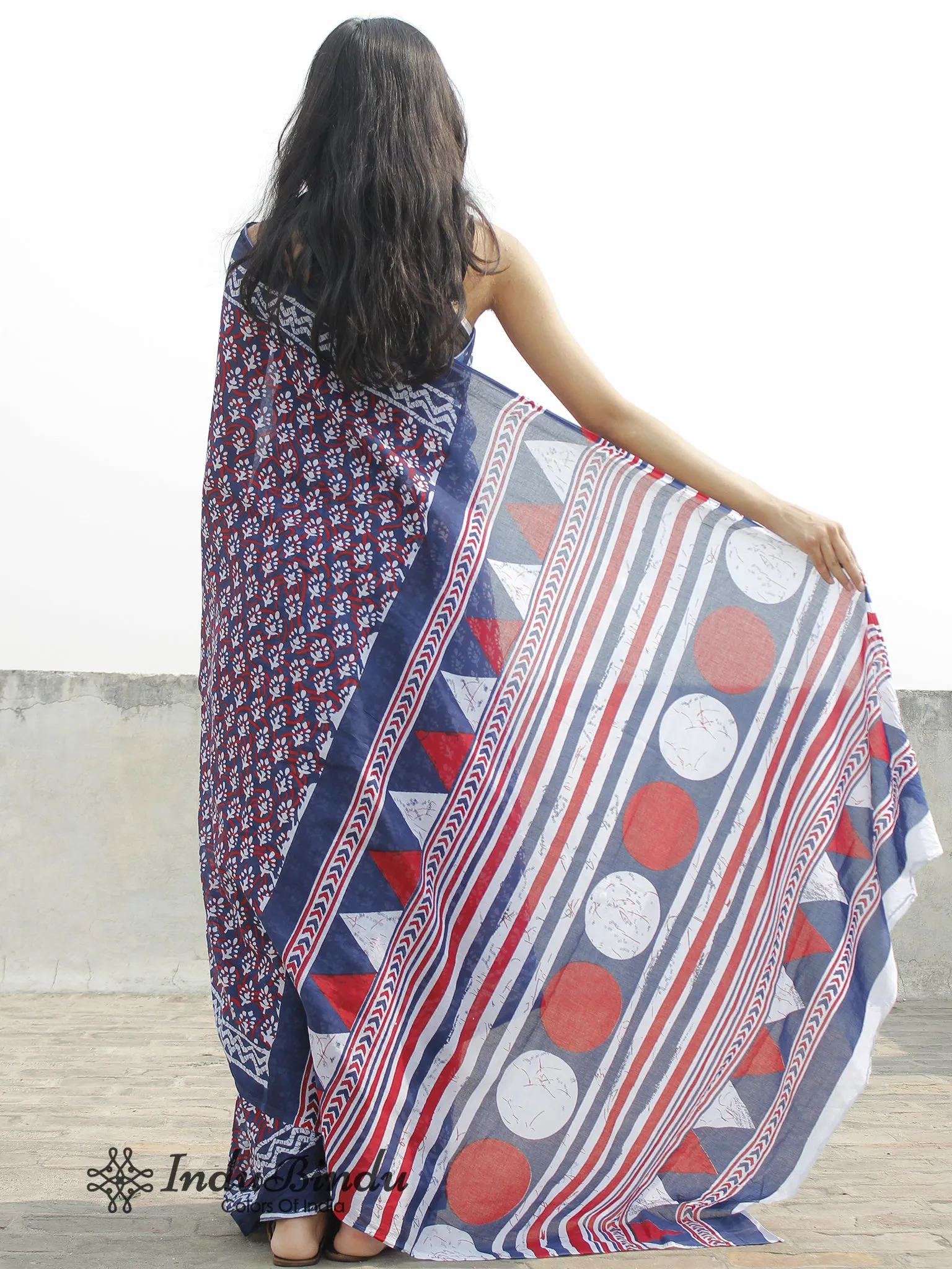 Indigo White Red Hand Block Printed Cotton Saree In Natural Colors - S031702376