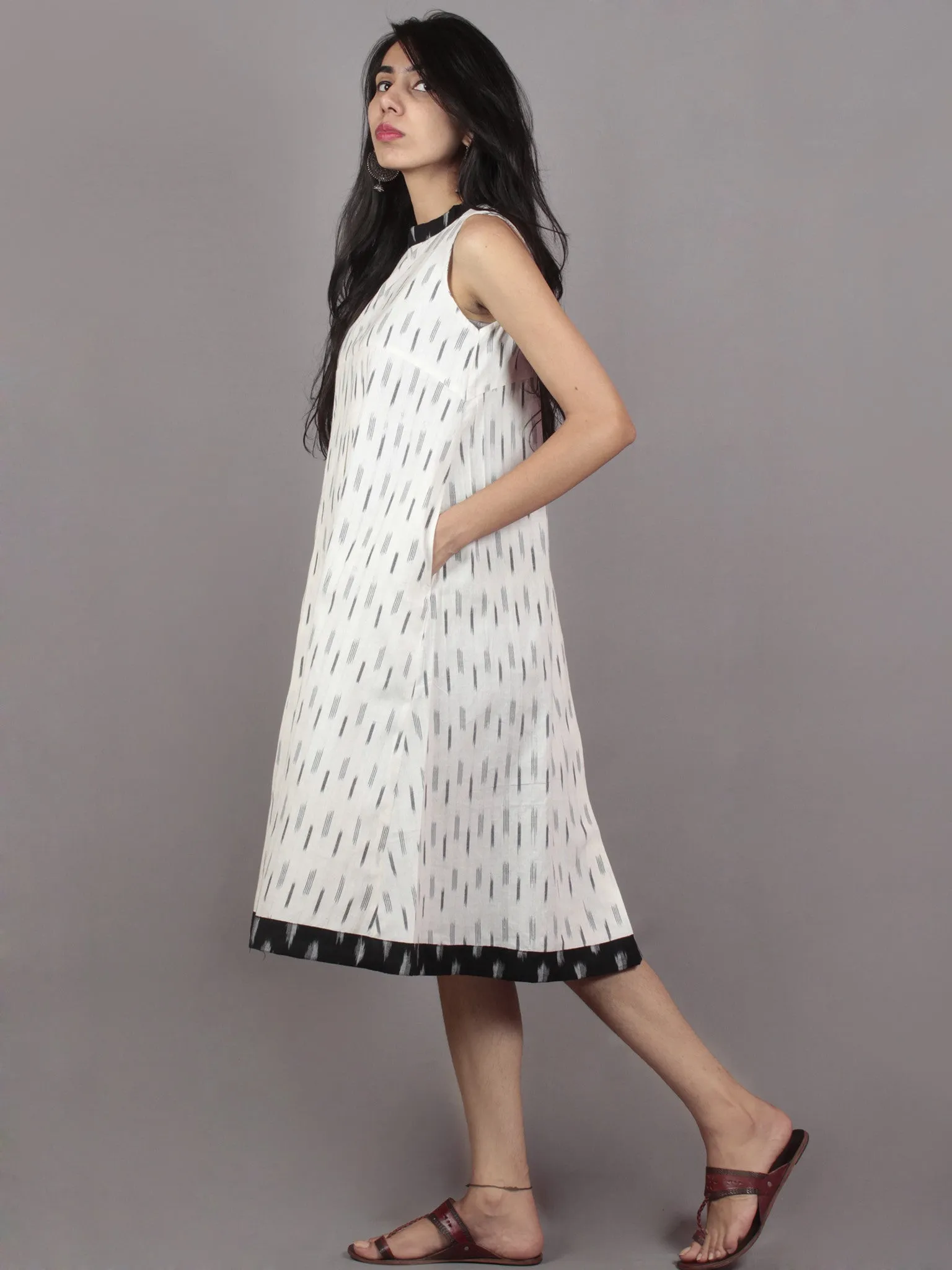 Ivory Black Grey Handwoven Ikat Cotton Sleeveless Dress With Stand Collar With Pleats - D5374302