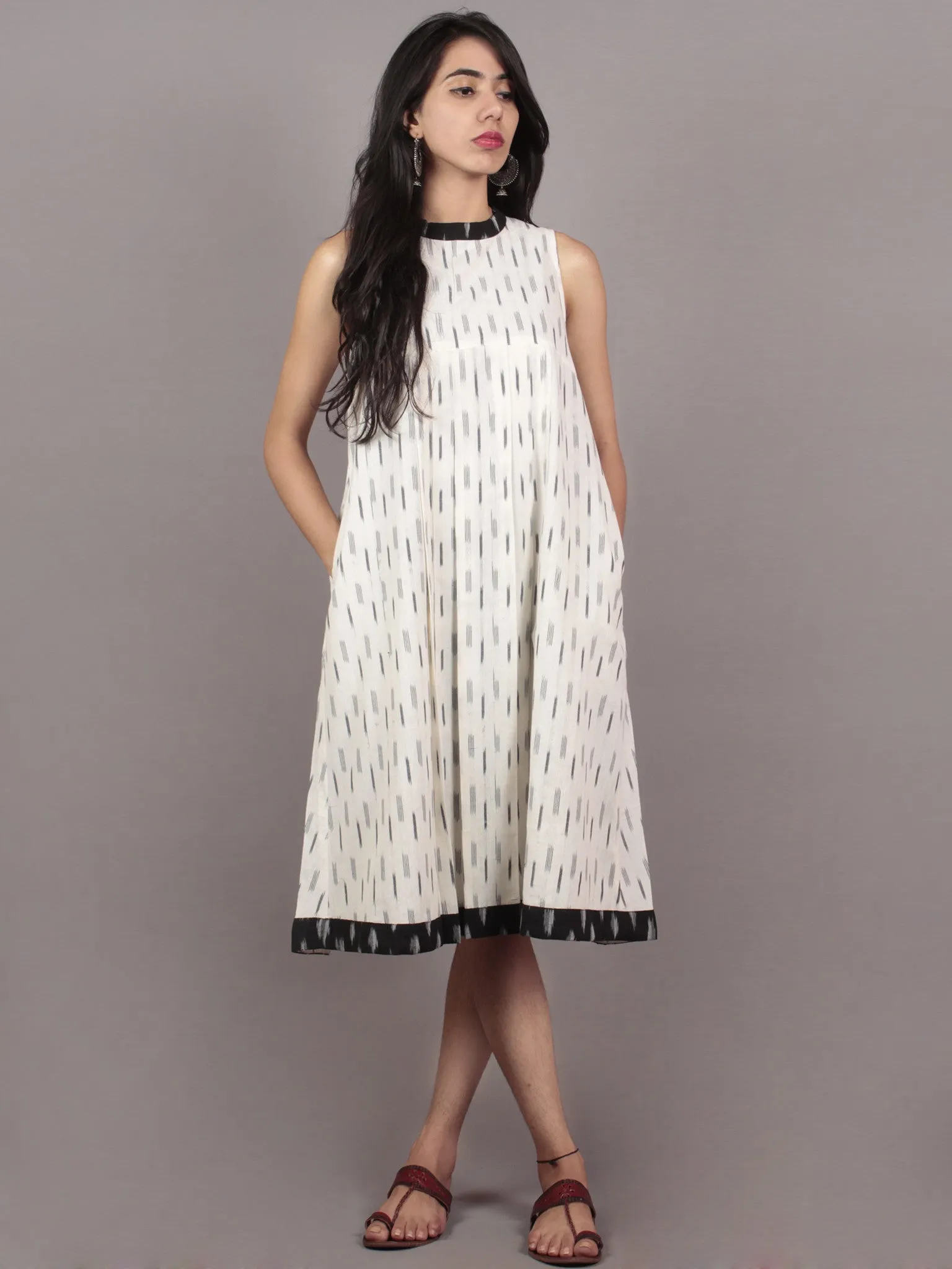 Ivory Black Grey Handwoven Ikat Cotton Sleeveless Dress With Stand Collar With Pleats - D5374302