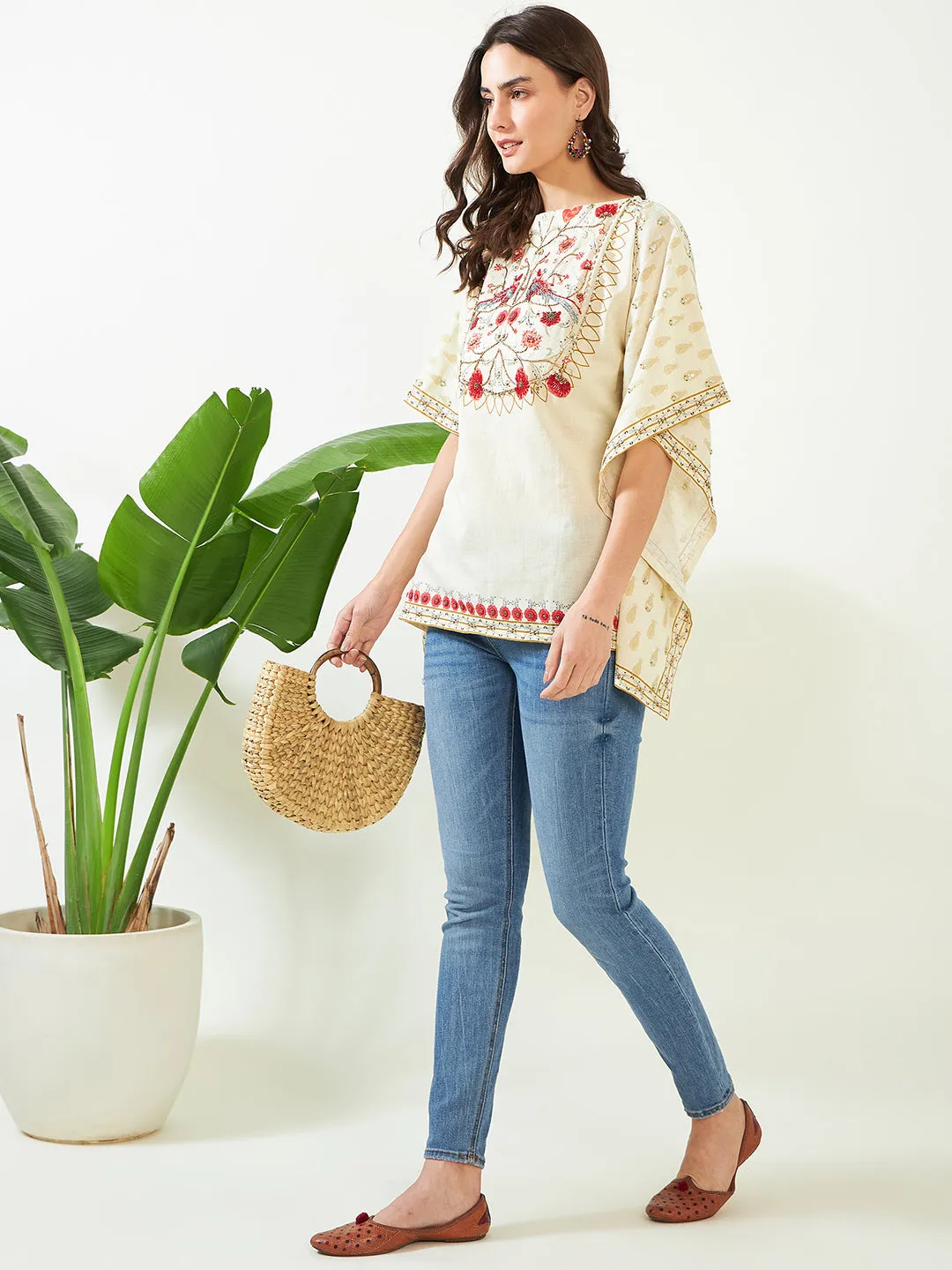 Ivory Blossom Artistic Hand Embroidered Kaftan Top