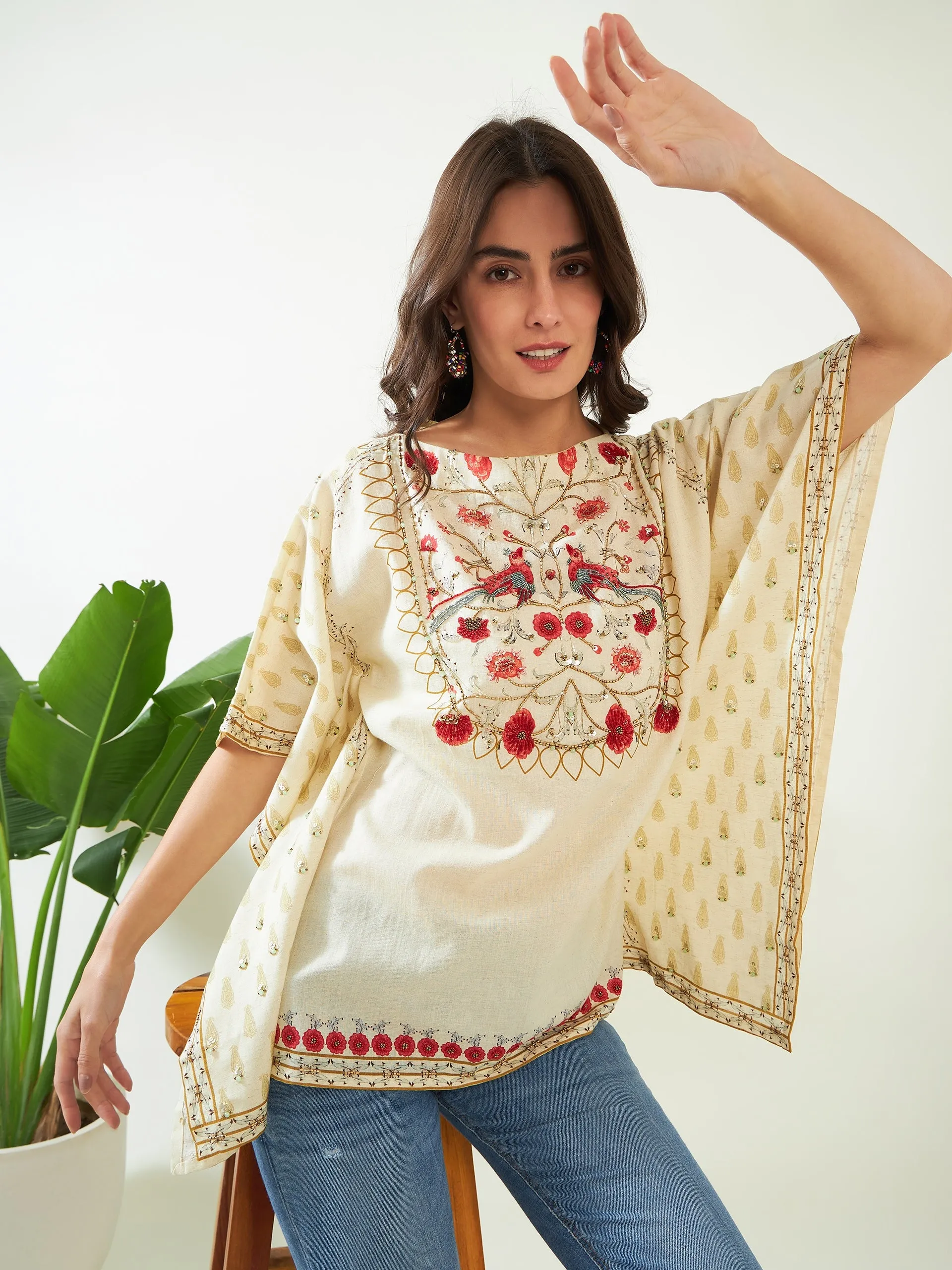 Ivory Blossom Artistic Hand Embroidered Kaftan Top