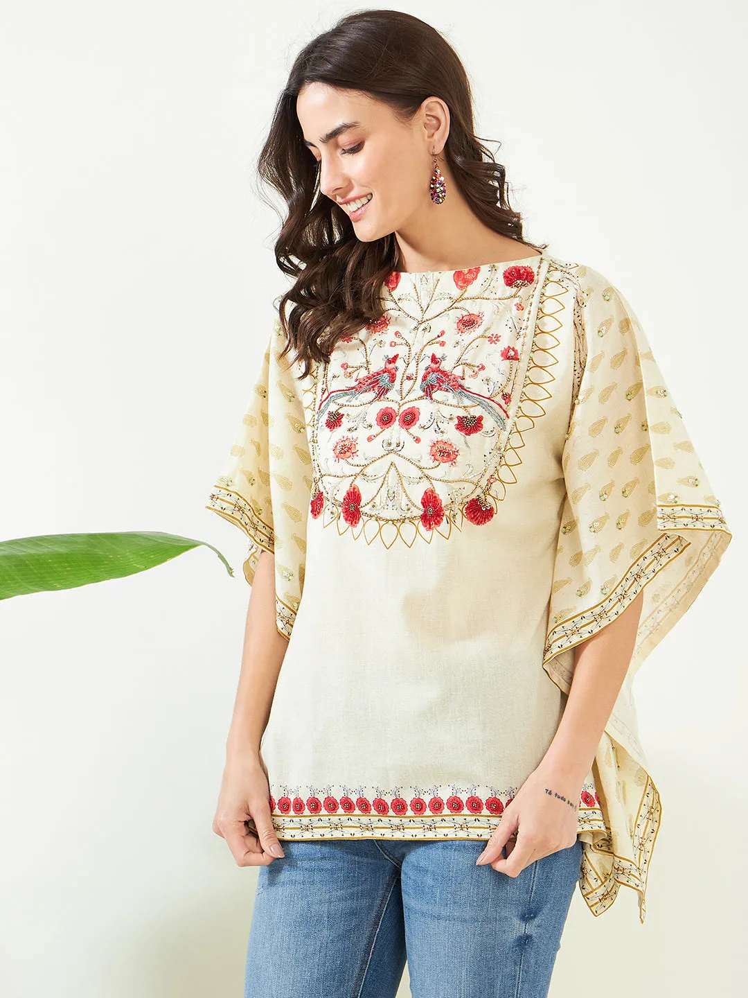 Ivory Blossom Artistic Hand Embroidered Kaftan Top