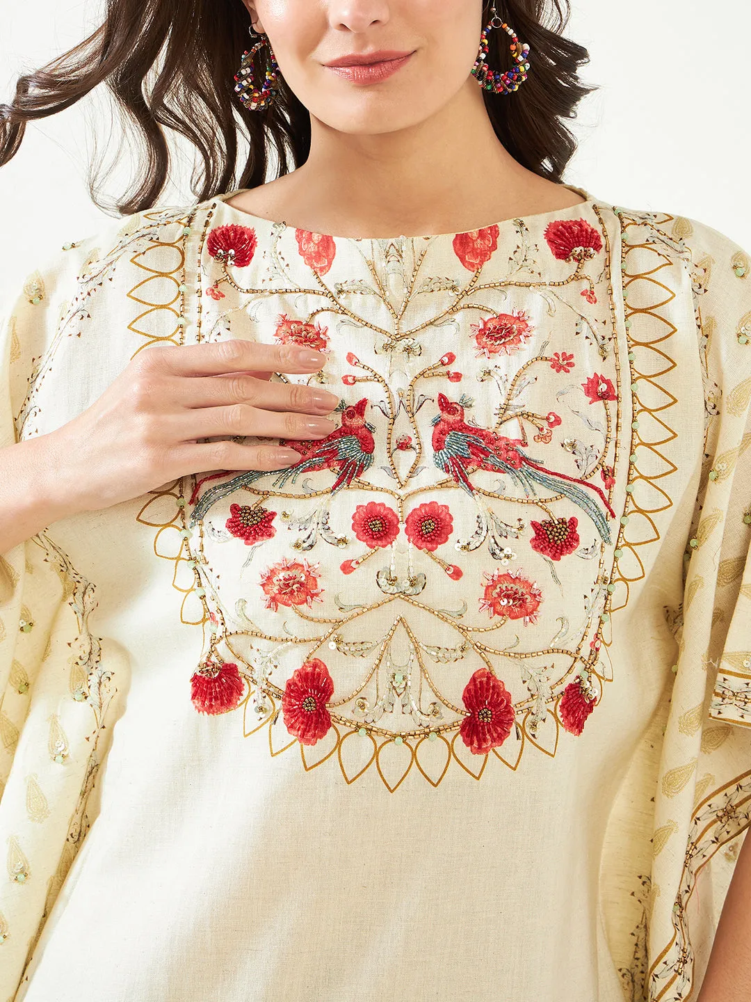 Ivory Blossom Artistic Hand Embroidered Kaftan Top