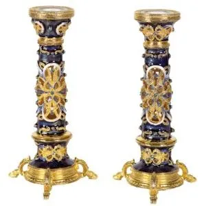 Jeweled Crystals & Purple Enamel Artistic Shabbat Candlesticks