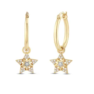 Jewelili 18K Yellow Gold Over Sterling Silver 1/10 CTTW White Diamonds Star Huggie Earrings