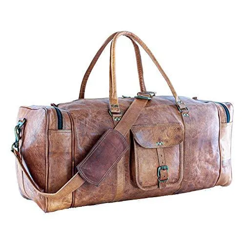 KPLeatherZ™ Men's FULL-Grain Leather 24in Brown Duffle Weekend Travel Bag