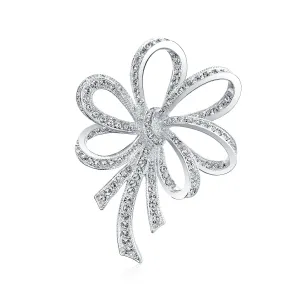 Large Ribbon Statement Pave Cubic Zirconia CZ Scarf Bow Brooch Pin