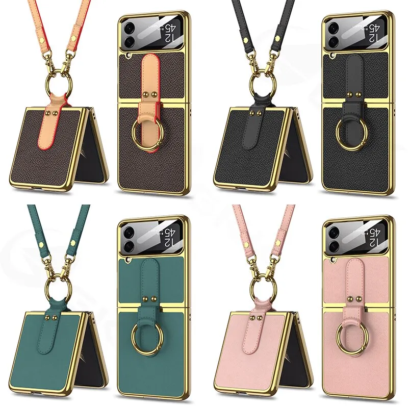 Leather Plating Ring Stand Strap Phone Case With Ring Stand For Samsung Galaxy Z Flip