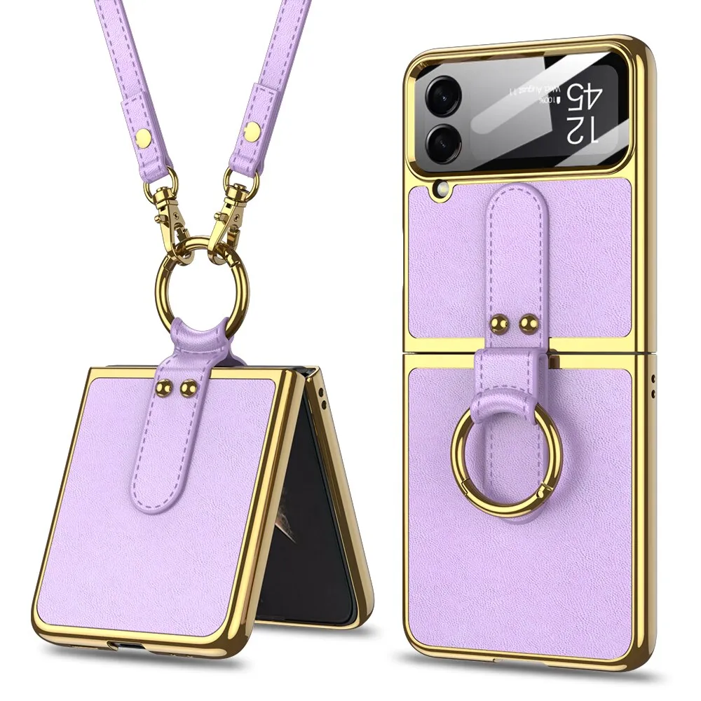 Leather Plating Ring Stand Strap Phone Case With Ring Stand For Samsung Galaxy Z Flip