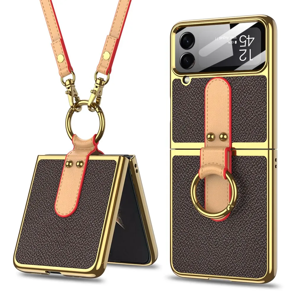 Leather Plating Ring Stand Strap Phone Case With Ring Stand For Samsung Galaxy Z Flip