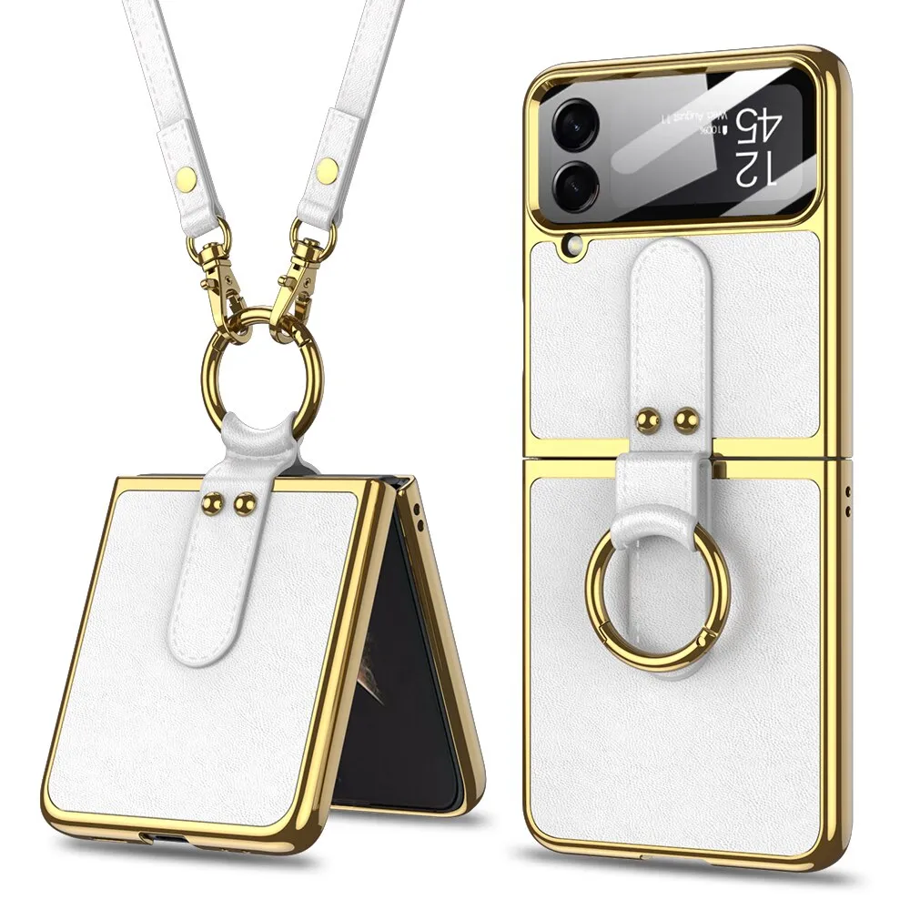 Leather Plating Ring Stand Strap Phone Case With Ring Stand For Samsung Galaxy Z Flip