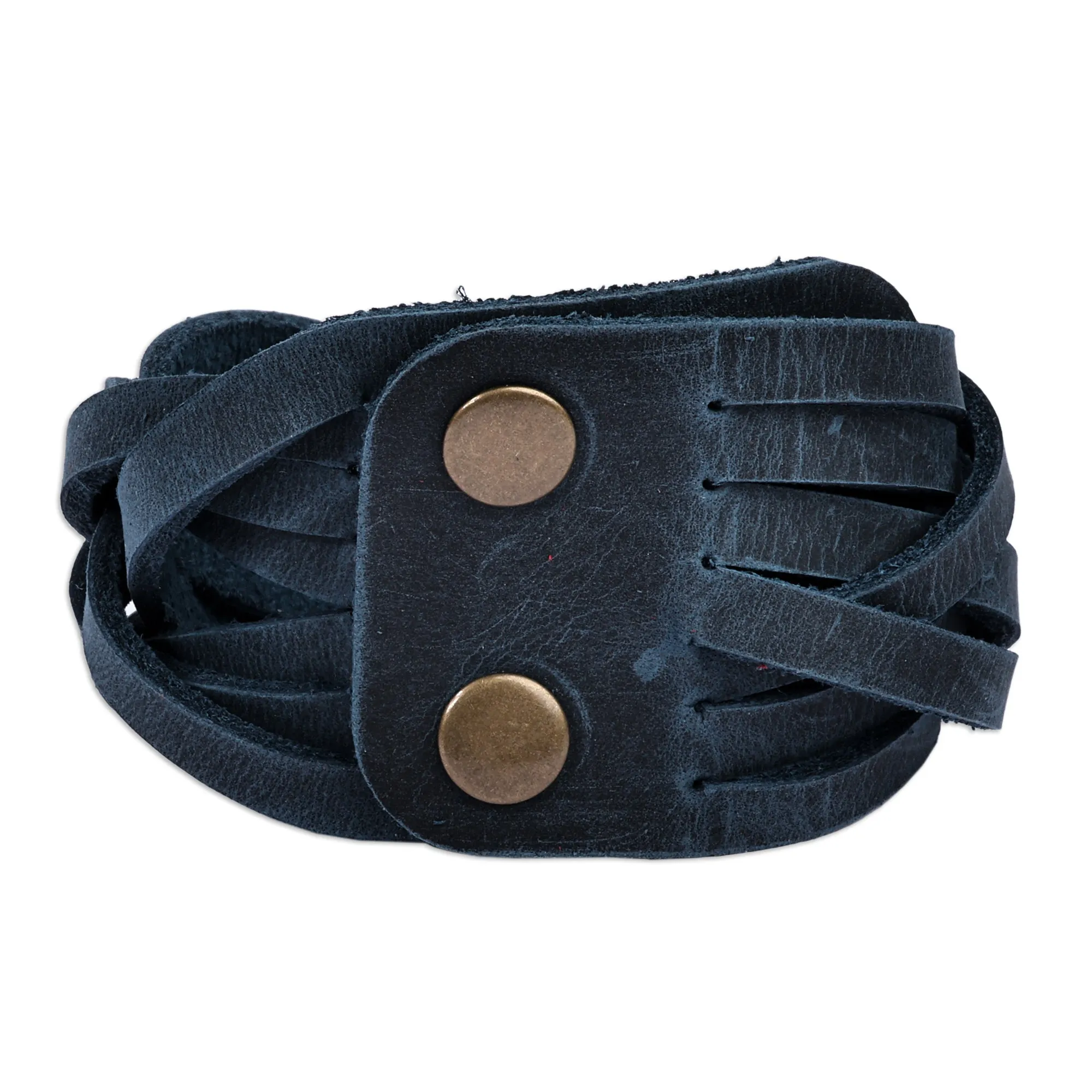 Leather Wristband Bracelet with Braided Strands in Blue - Braided Chic | NOVICA