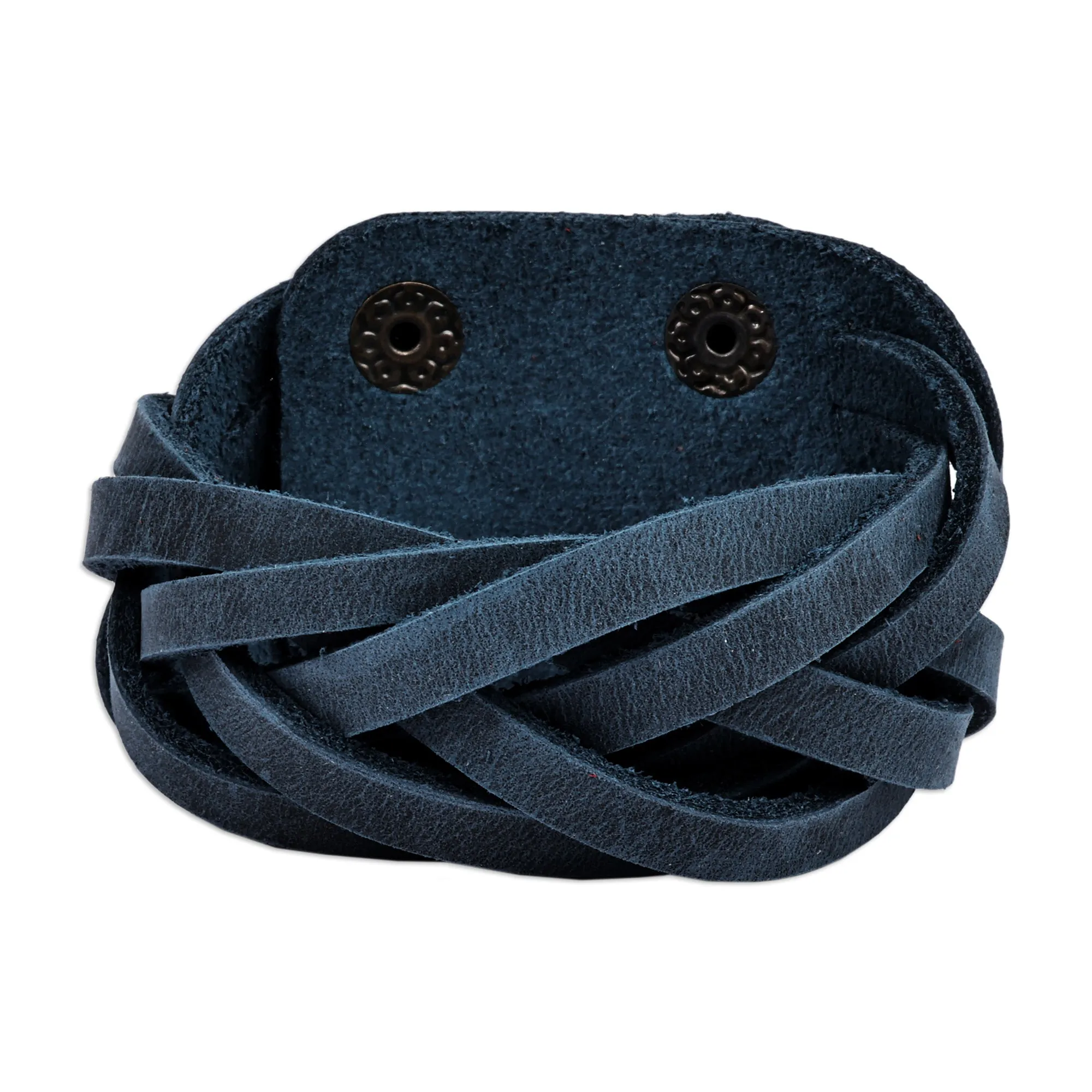 Leather Wristband Bracelet with Braided Strands in Blue - Braided Chic | NOVICA