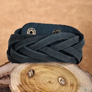 Leather Wristband Bracelet with Braided Strands in Blue - Braided Chic | NOVICA