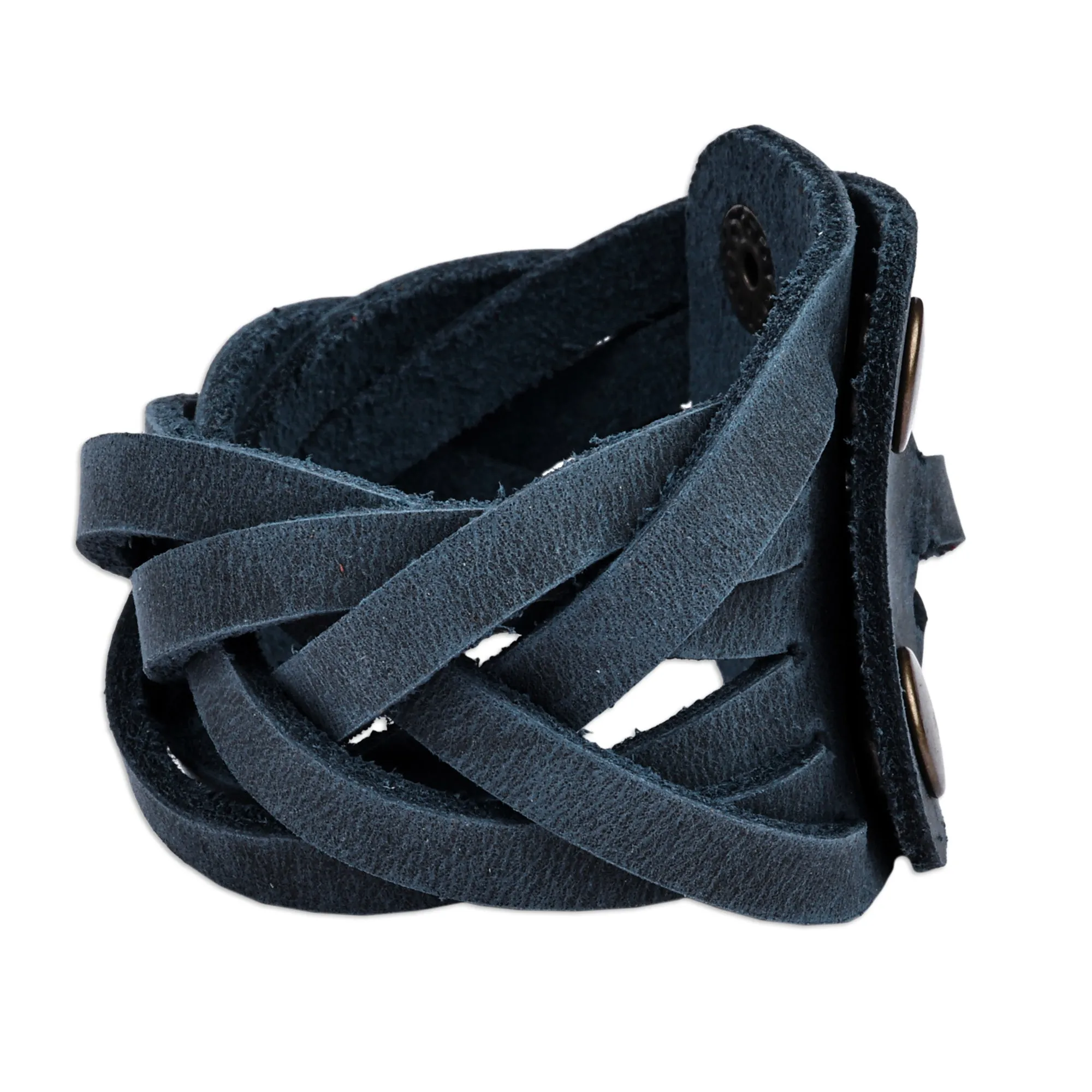 Leather Wristband Bracelet with Braided Strands in Blue - Braided Chic | NOVICA