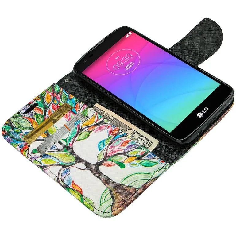 LG K7, LG Tribute 5, LG Treasure Wallet Case, Wrist Strap [Kickstand] Pu Leather Wallet Case with ID & Credit Card Slots - Colorful Tree