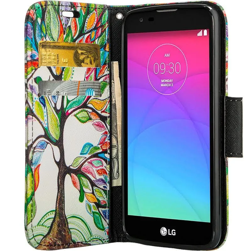 LG K7, LG Tribute 5, LG Treasure Wallet Case, Wrist Strap [Kickstand] Pu Leather Wallet Case with ID & Credit Card Slots - Colorful Tree