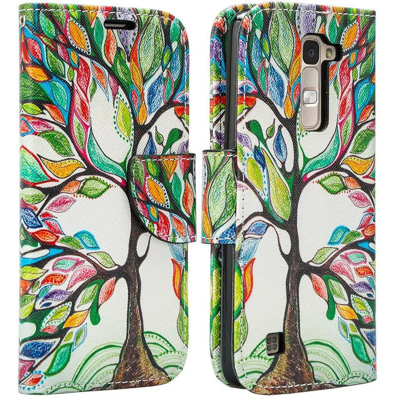 LG K7, LG Tribute 5, LG Treasure Wallet Case, Wrist Strap [Kickstand] Pu Leather Wallet Case with ID & Credit Card Slots - Colorful Tree