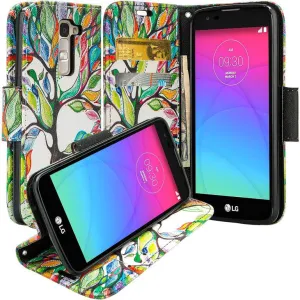 LG K7, LG Tribute 5, LG Treasure Wallet Case, Wrist Strap [Kickstand] Pu Leather Wallet Case with ID & Credit Card Slots - Colorful Tree