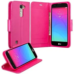 LG K8 | Phoenix 2 | Escape 3 Case, Double Fold Wallet Case, Wrist Strap Flip Folio [Kickstand Feature] Pu Leather Wallet Case with ID & Credit Card Slots for LG K8 | LG Phoenix 2 | LG Escape 3 -Hot Pink