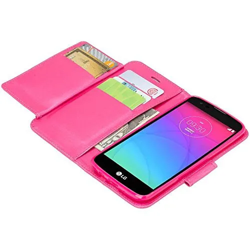 LG K8 | Phoenix 2 | Escape 3 Case, Double Fold Wallet Case, Wrist Strap Flip Folio [Kickstand Feature] Pu Leather Wallet Case with ID & Credit Card Slots for LG K8 | LG Phoenix 2 | LG Escape 3 -Hot Pink