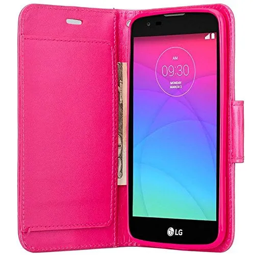 LG K8 | Phoenix 2 | Escape 3 Case, Double Fold Wallet Case, Wrist Strap Flip Folio [Kickstand Feature] Pu Leather Wallet Case with ID & Credit Card Slots for LG K8 | LG Phoenix 2 | LG Escape 3 -Hot Pink