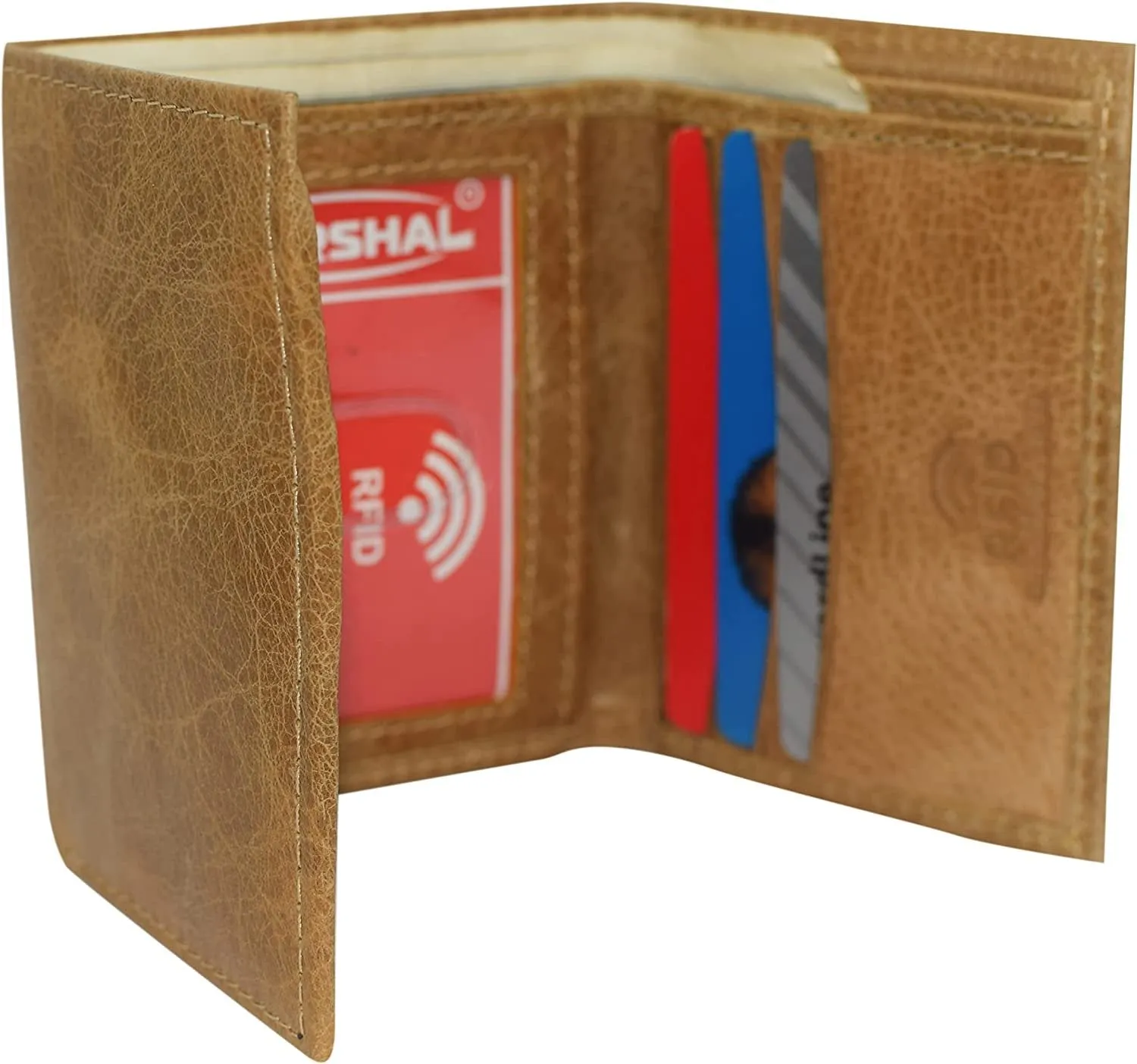 Marshal RFID Blocking Men's Genuine Leather Slim Trifold Credit Card ID Holder Tan Wallet for Men