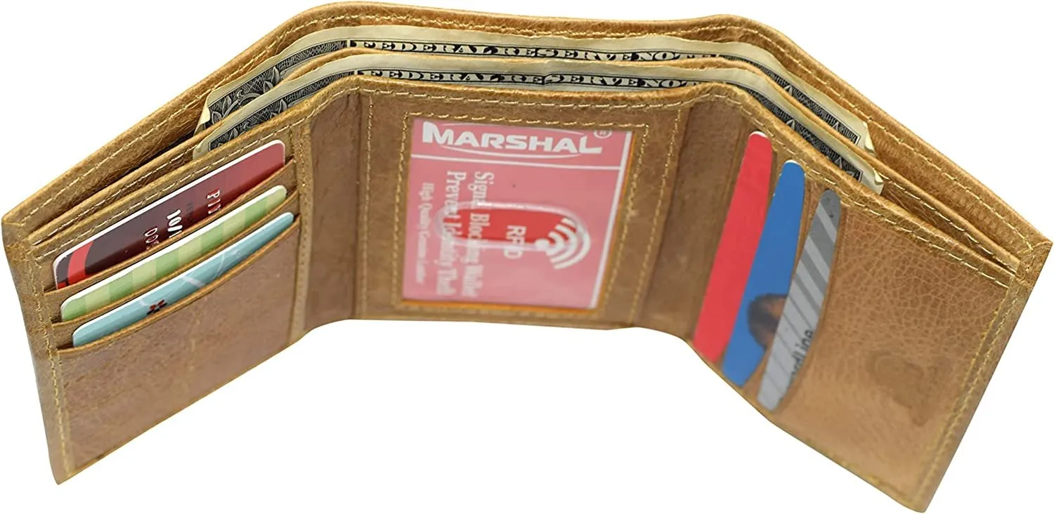 Marshal RFID Blocking Men's Genuine Leather Slim Trifold Credit Card ID Holder Tan Wallet for Men