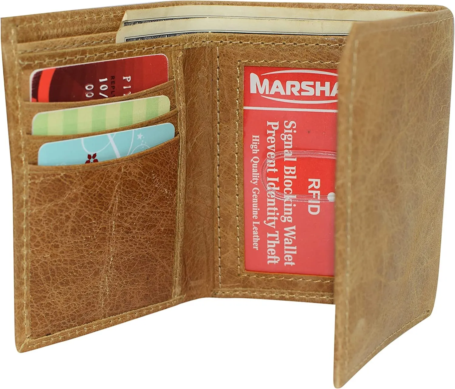 Marshal RFID Blocking Men's Genuine Leather Slim Trifold Credit Card ID Holder Tan Wallet for Men